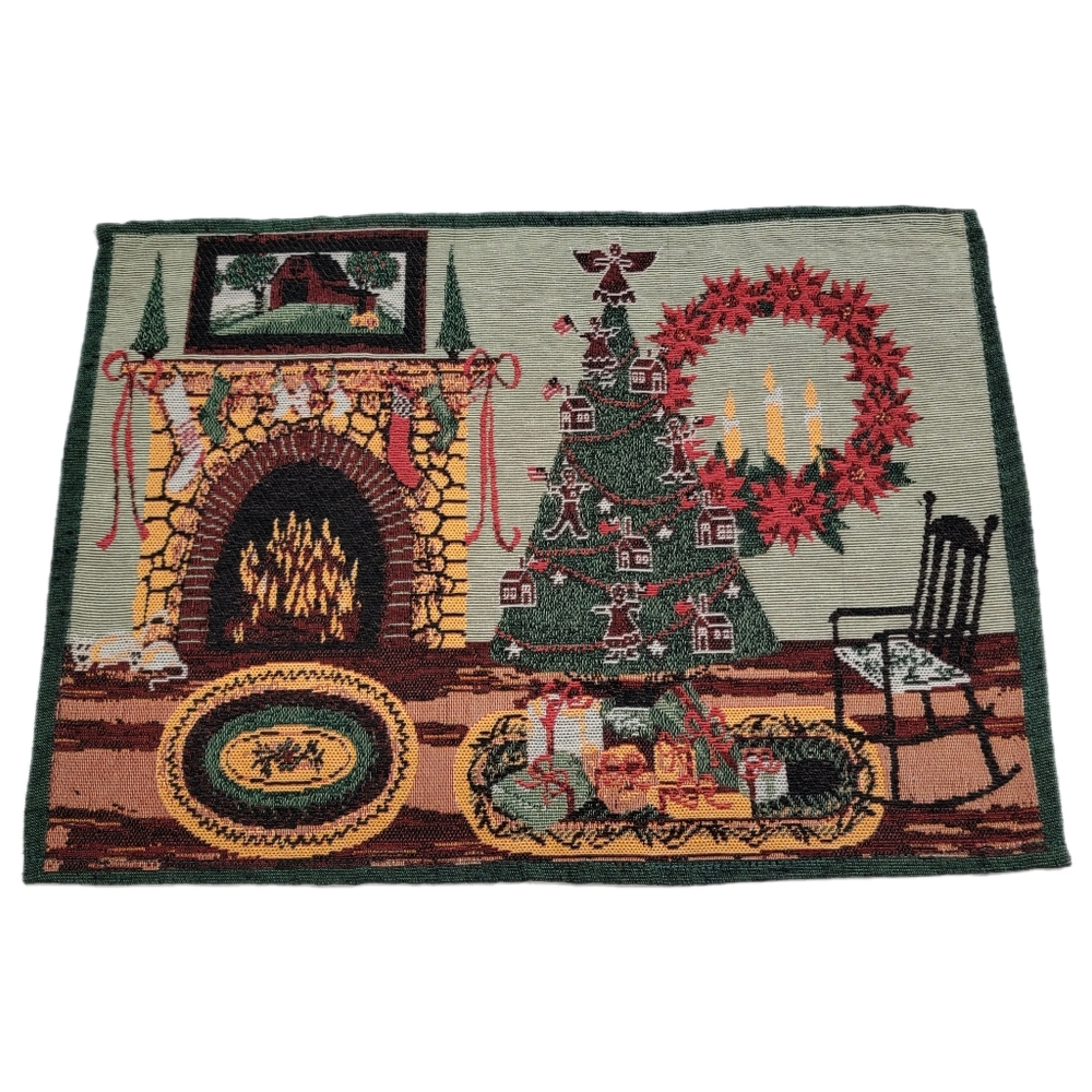 Set 2 Christmas Placemats Woven.Tree Wreath Fireplace Stockings 19”x12” Approx